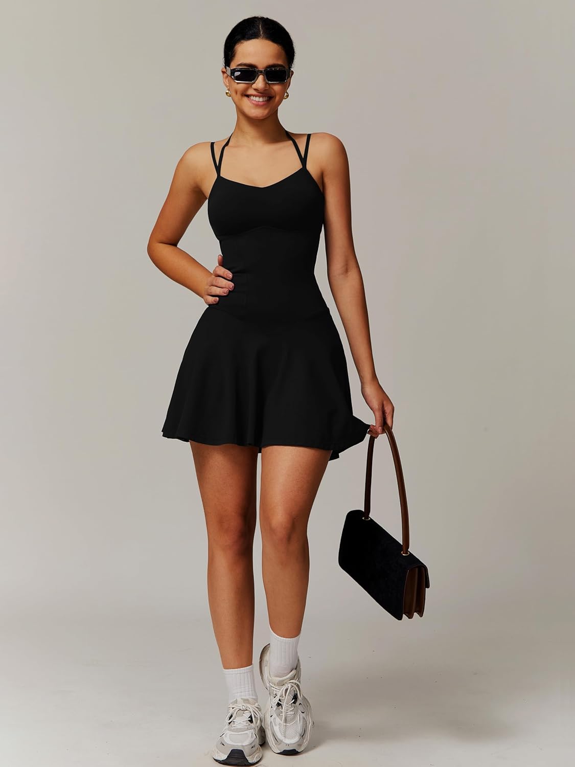 Tennis Dress for Women with Built in Shorts Spaghetti Straps 2-in-1 Ruffle A-line Active Yoga Golf Dress