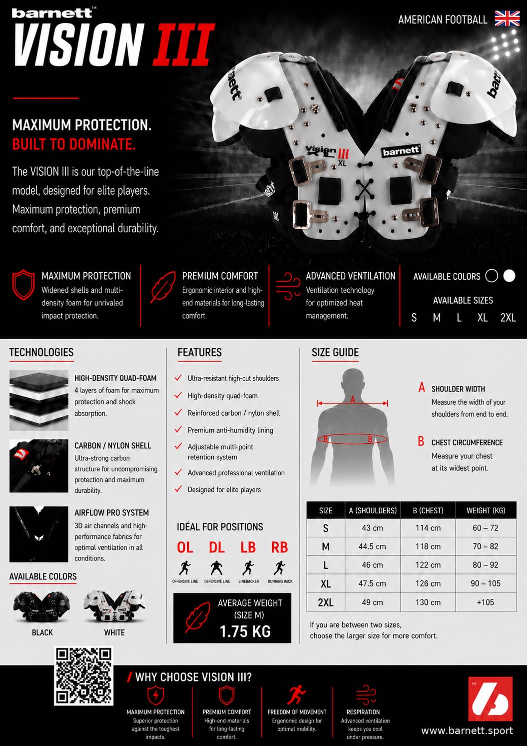 BARNETT Vision III M, Schwarz, Fußball, HB-FB-LB-Te-OL-DL,