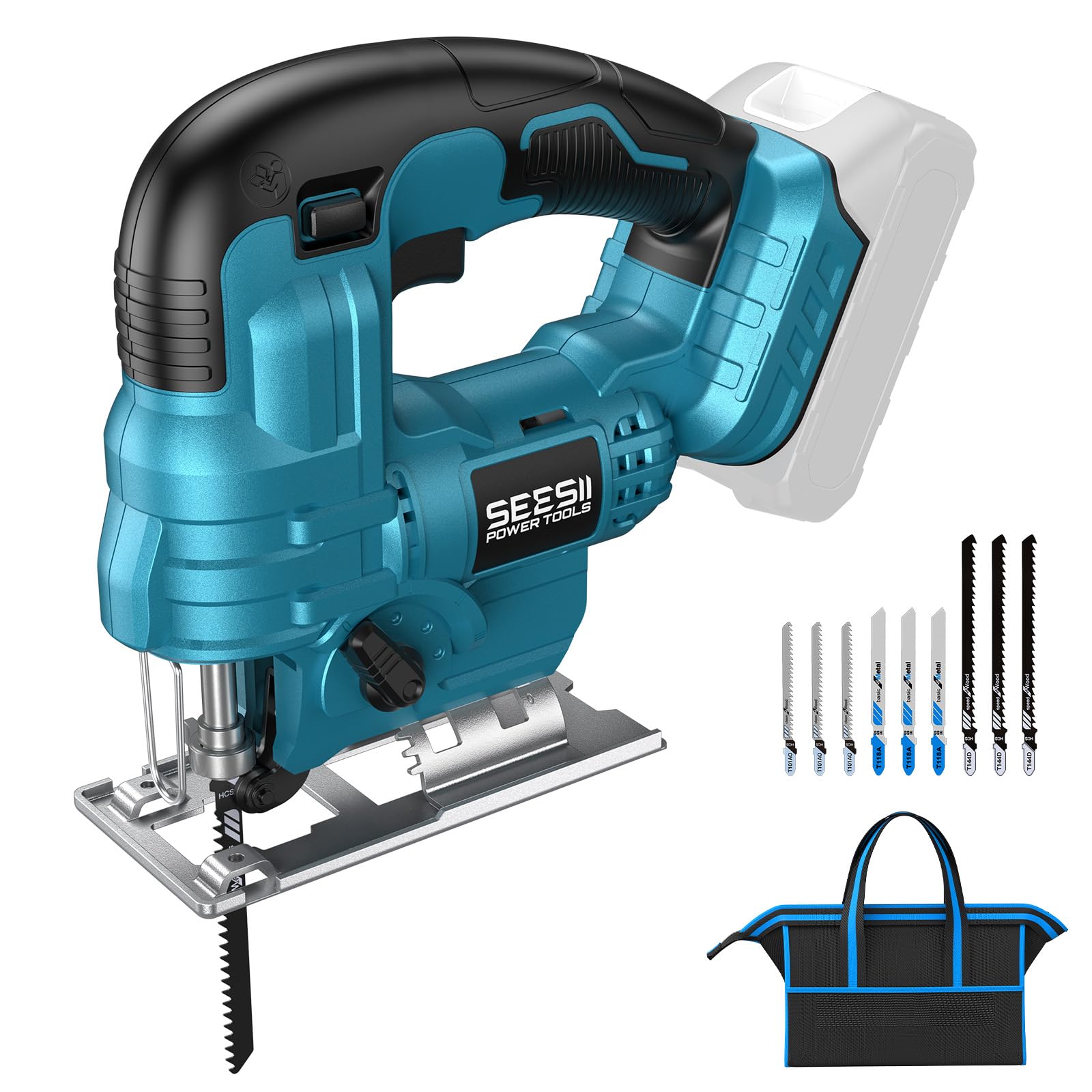 SEESII ジグソー 電動 充電式ノコギリ 18Vマキタ互換バッテリー対応 木材・DIY・日曜大工用 コードレス高出力 切断用 安全カット機能・LEDライト搭