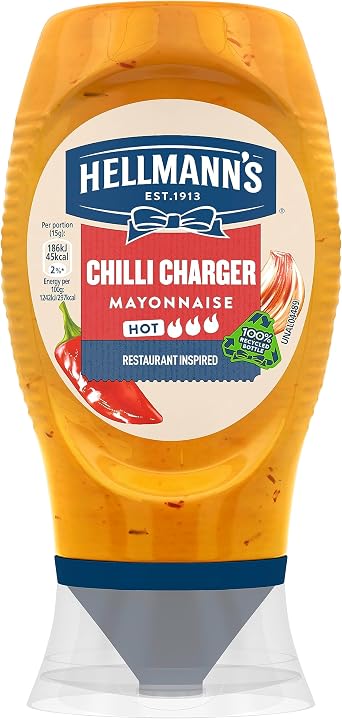 Hellmann's Chilli Charger Mayonnaise Condiment Made with free range eggs spicy mayo for burgers, sandwiches and chips 8x 250 ml