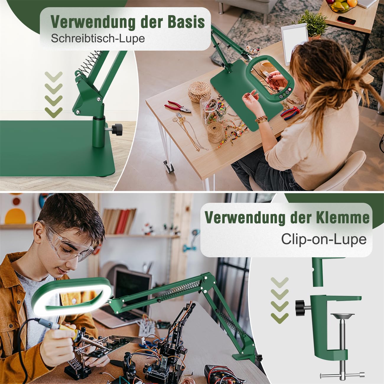 Veemagni Lupa Rectangular 12X con luz y Soporte, 5 Modos de Color Regulable sin Niveles, lámpara de Escritorio 2 en 1 iluminada LED y Abrazadera, Manos Libres Lupa de Lectura para Leer artesanía