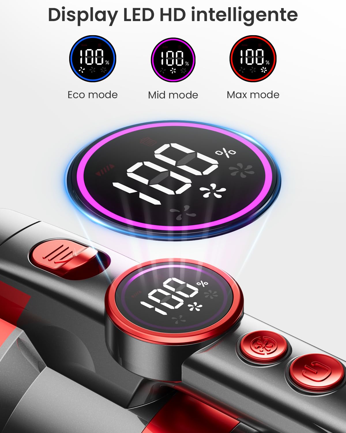 Aspirapolvere Senza Fili 40KPa/500W/60 Minuti, Scopa Elettrica Senza Fili con Funzioni 8 in 1, Filtraggio a Ciclone a 7 stadi, Aspirapolvere da con Display LED, Adatto per Pavimento/Moquette/Capelli
