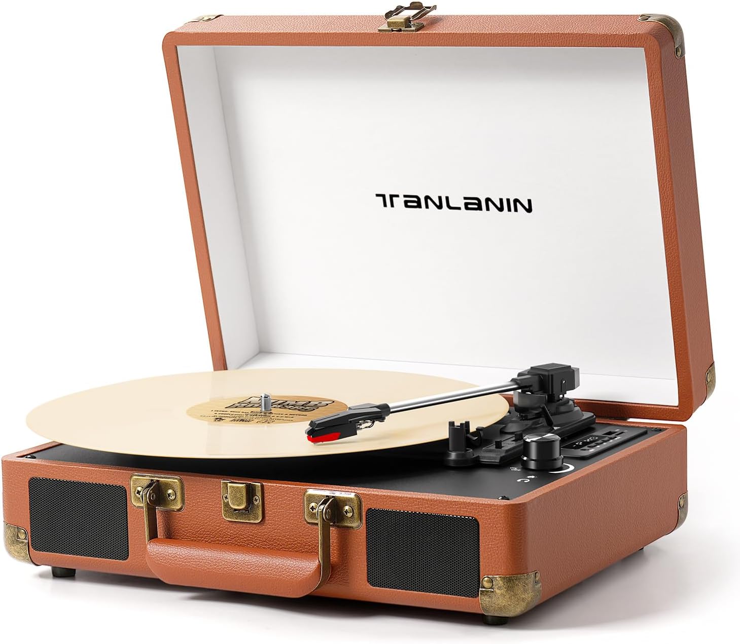 Vinyl record player with built-in speakers and USB recording