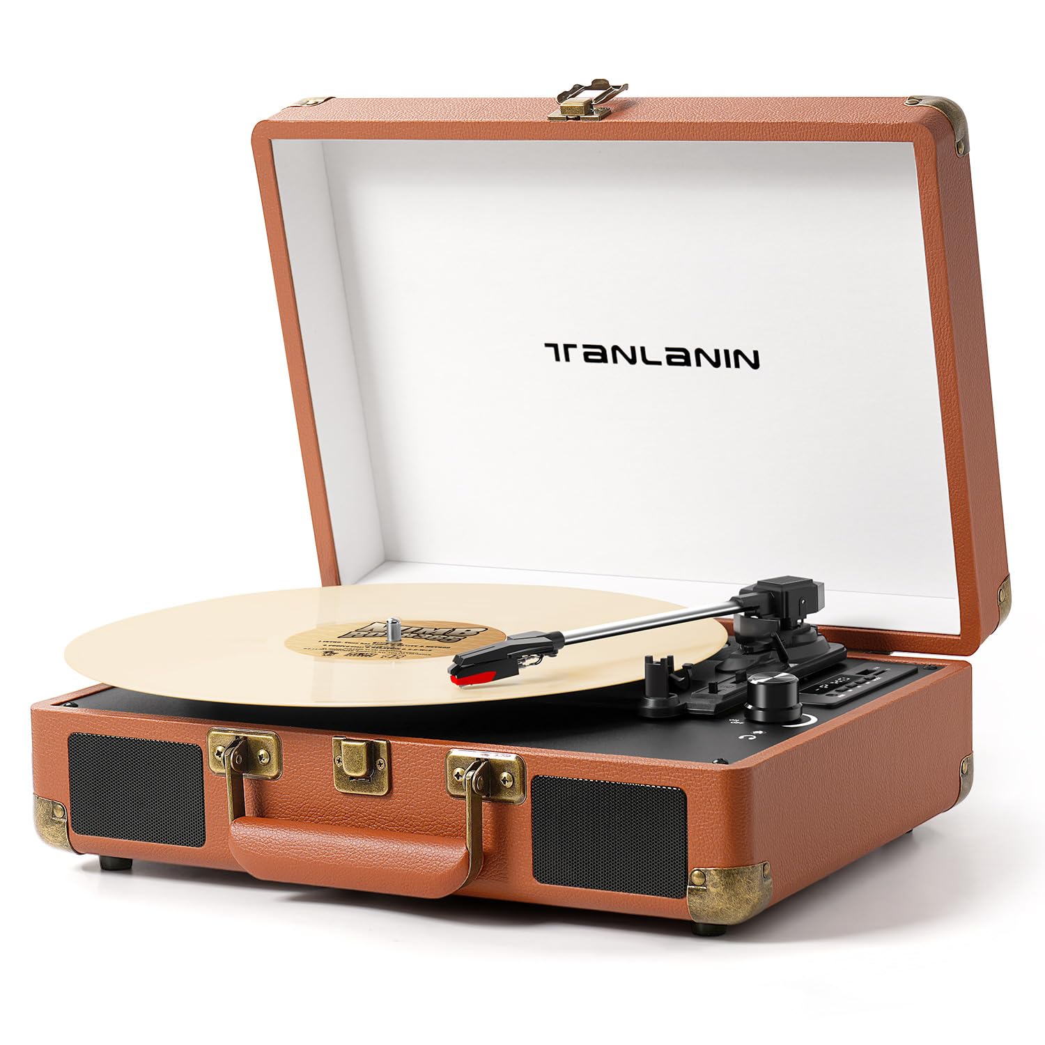 Vinyl Record Player with Built-in Speakers & USB Recording, Vintage 3-Speed Bluetooth Portable Suitcase Turntables Belt-Driven LP Player Support AUX/RCA/Headphone Jack, Brown Leather