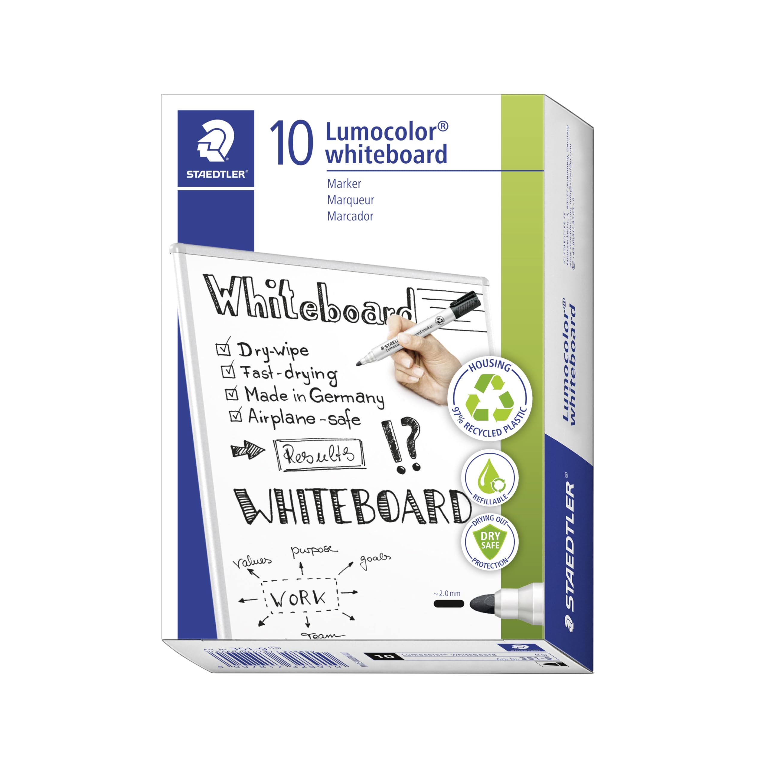 Staedtler 351-9 - Rotuladores para pizarra blanca Lumocolor, inodoro, secado rápido y recargable, paquete de 10 unidades, color negro