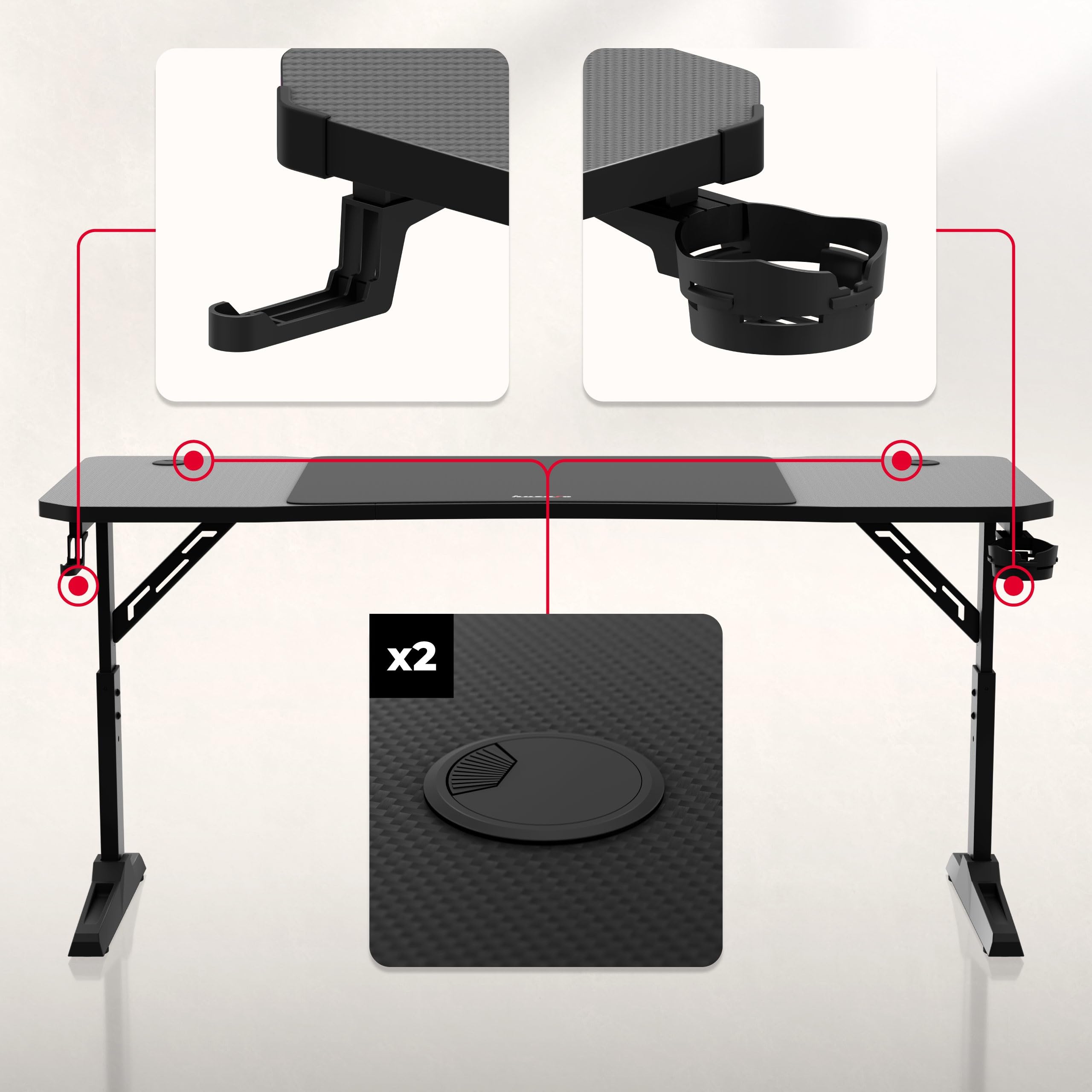huzaro Hero 4.6 - Mesa para videojuegos (altura regulable, escritorio de 160 x 60 cm, superficie de carbono, gestión de cables, soporte para bebidas y soporte para auriculares, mesa para PC, oficina