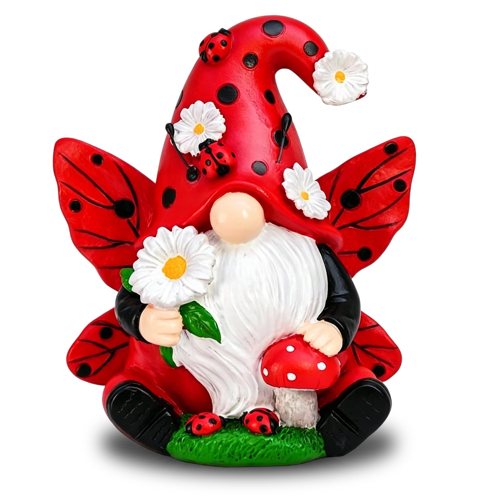 Qubitly Red Mushroom & Ladybug Garden Ornaments Outdoor, Resin Bee Gnomes Garden with Spring Theme, Cute Garden Ornaments for Garden Decor and Balcony, for Ladybug Lovers — image 1