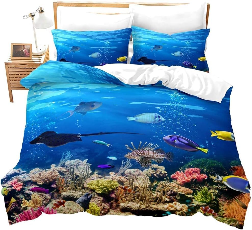 Housse de couette 3D poissons au design marin structuré et microfibre haute densité