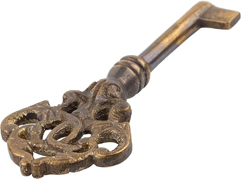 Hand Aged Solid Brass Antique Skeleton Key - Hollow Barrel Fancy Key for Cabinet Doors, Grandfather Clocks - SK40-BHA