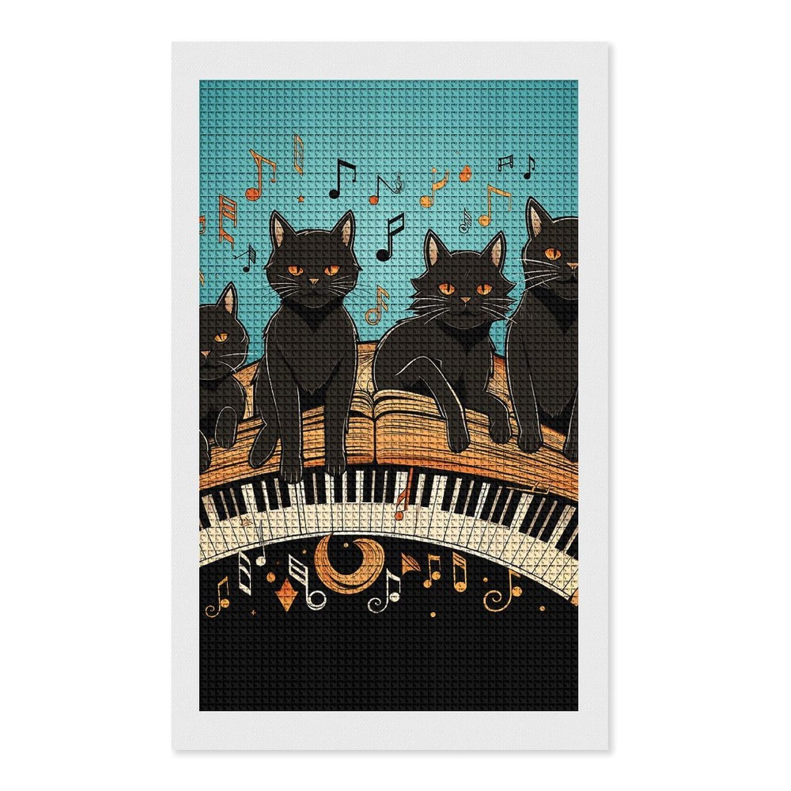 Four Black Cats Lying on The Piano Keyboard Diamond Art Kits for Adults, DIY 5D Diamonds Painting Kits for Beginner, Round Full Drill Diamond Dots Painting, 12"x20" Diamonds Pictures Gem Art And Craft