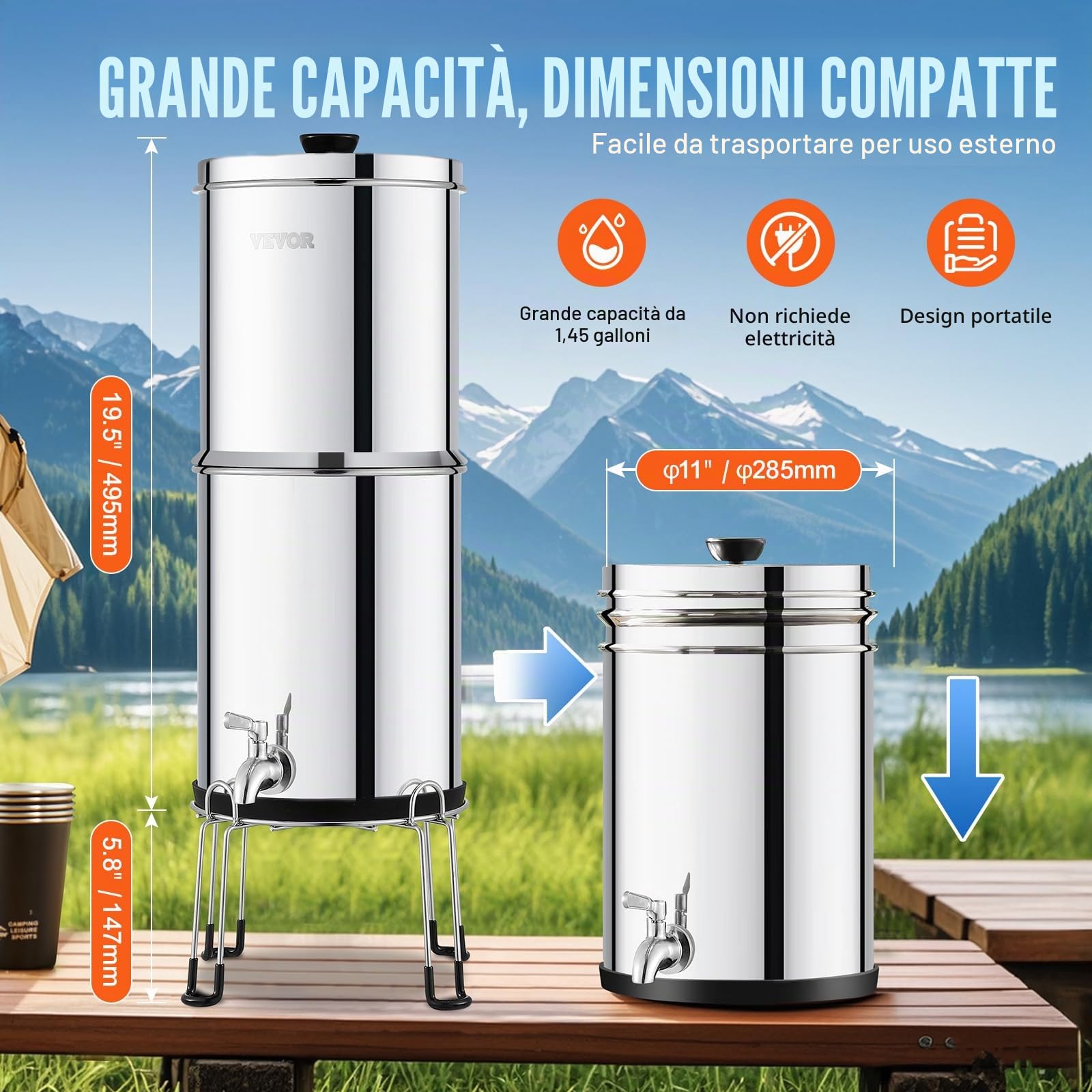 VEVOR Sistema di Filtraggio Acqua a Gravità, Sistema Filtraggio in Acciaio Inox 304 da 2,25 G, Riduce Piombo e Cloro, con 2 Filtri al Carbone e Rubinetto e Supporto, Sistema di Filtraggio Casa Camper