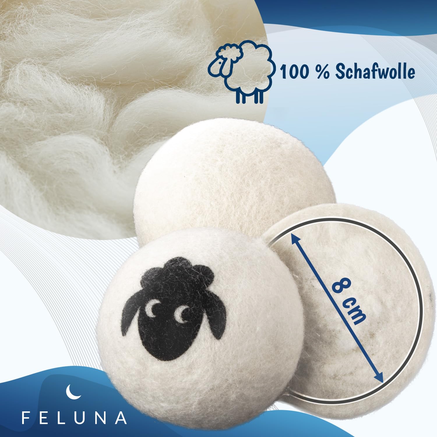 Feluna® Eco Dryer Balls do suszarek bębnowych zestaw 6 sztuk - Naturalny płyn do płukania tkanin wykonany w 100% z wełny owczej -Eco Dryer Balls Kulki do prania do suszarki