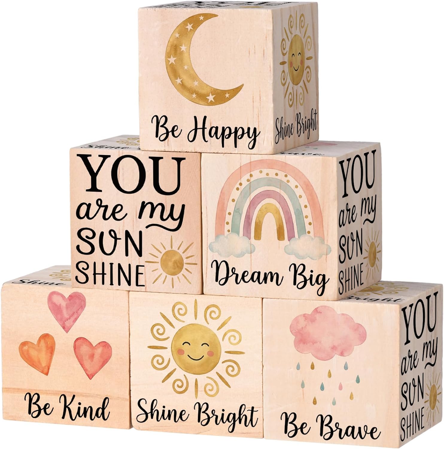 6 Pcs Woodland Animal Nursery Decor for Girls and Boys, 2.36 in Large Inspirational Wooden Safari Baby Shower Blocks Motivational Decoration for Shelf Kids Bedroom Playroom (Sports Bear)
