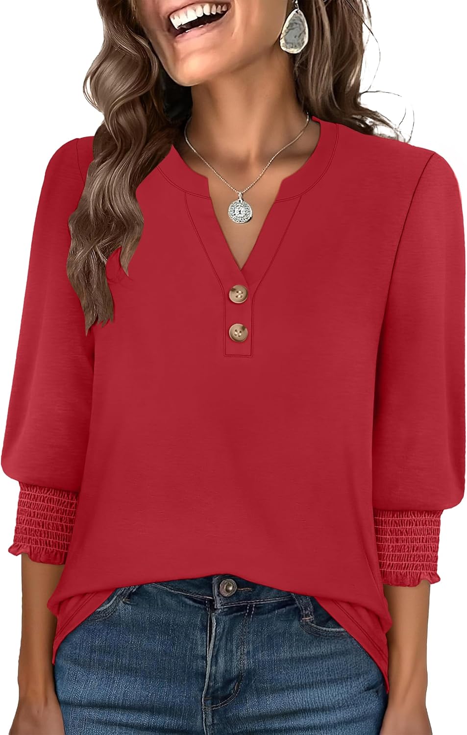 ANRABESS Womens Tops 3/4 Sleeve Henley V Neck Soft Blouses Dressy Casual Work Business Shirts 2026 Spring Fashion Clothes