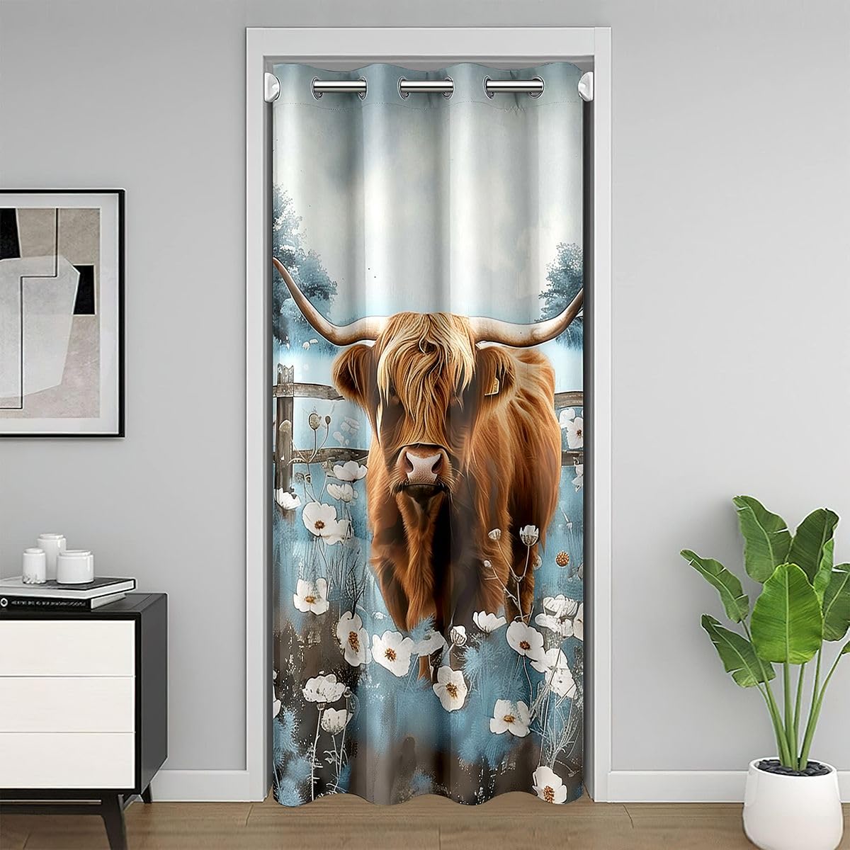 Rideau occultant vache highland pour chambre de ferme florale 132x213cm