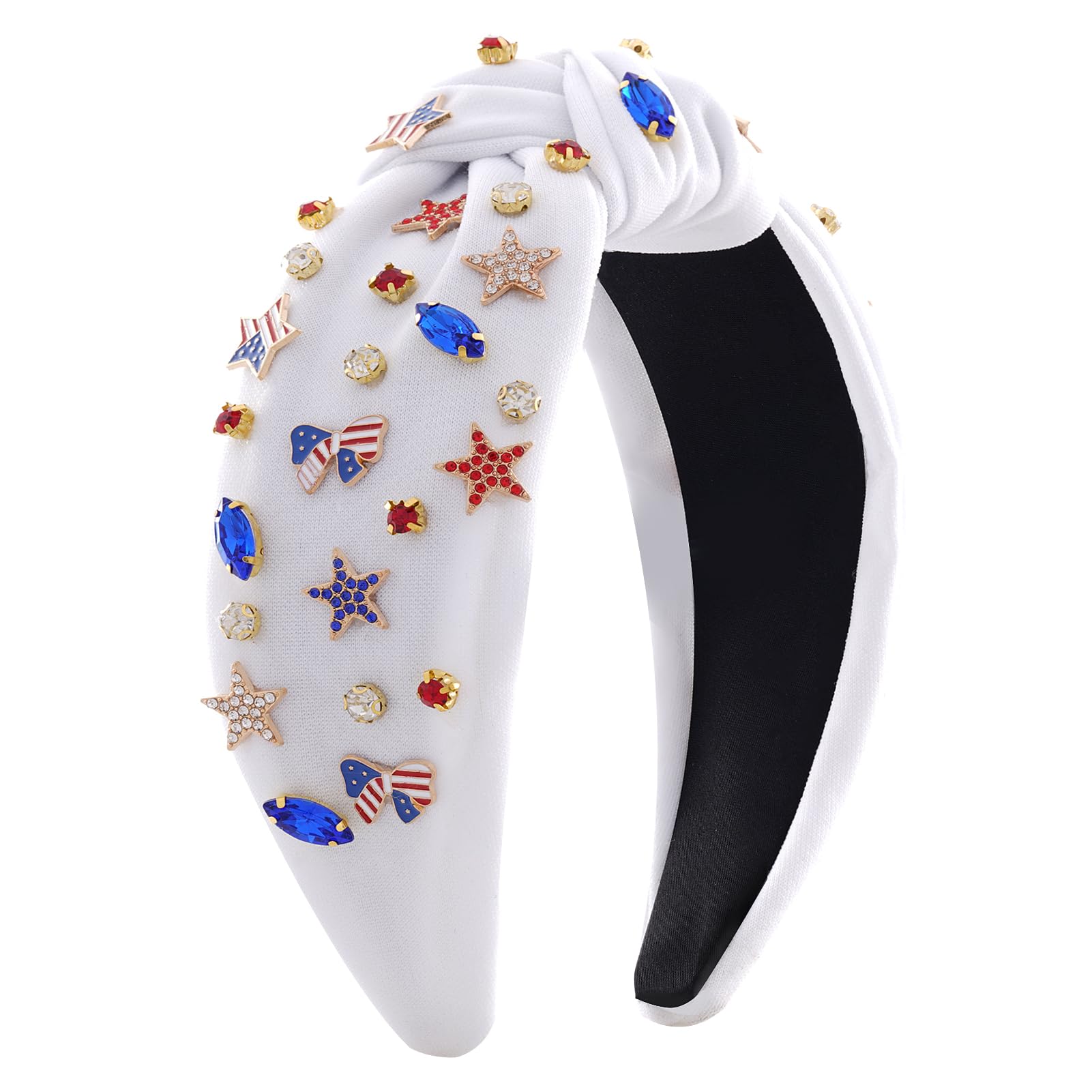 Haqptul Fourth of July Headband for Women Girls Red White and Blue American Flag USA Hairband Patriotic Hair Accessories Knotted Crystal Rhinestone