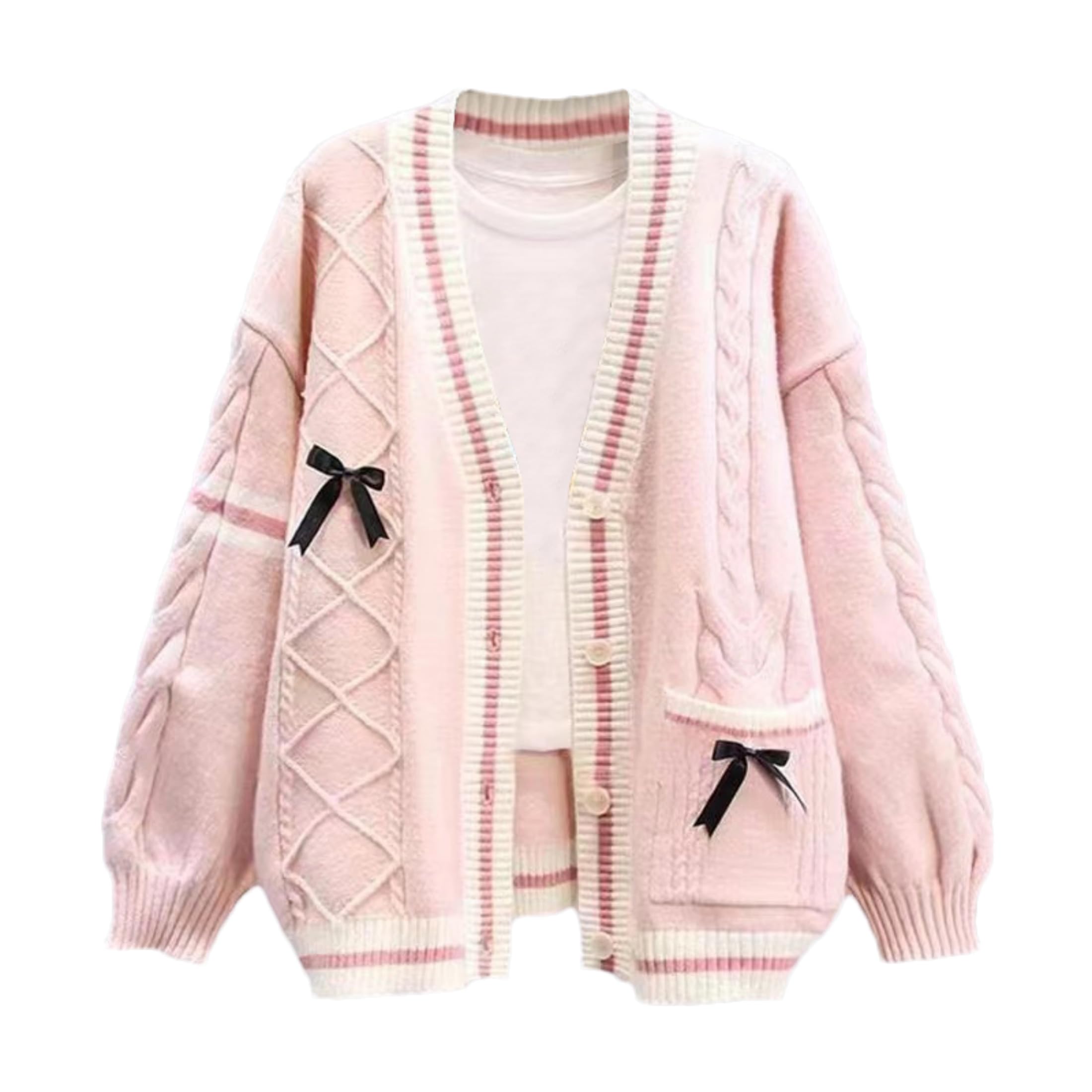 Womens Cute Sweet Cardigan Sweater Long Sleeve V-Neck Bowknot JK School Uniform Cardigans Knitted Sweaters