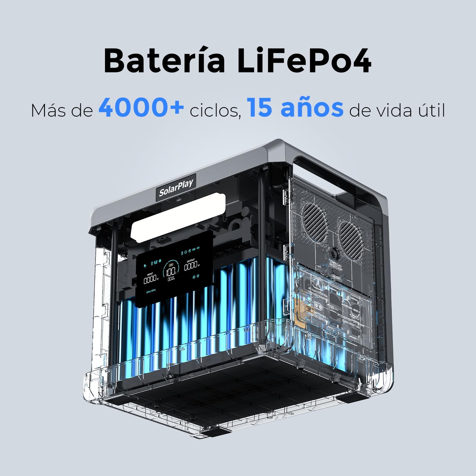 Estación de Energía Portátil SolarPlay Q2501, 2160Wh Batería LiFeP04, 100W USB-CSalida(12 puertos), Carga Completa Rápida 2h vía, Generador Solar para Exteriores, Camping, Emergencia (2400w+400w)