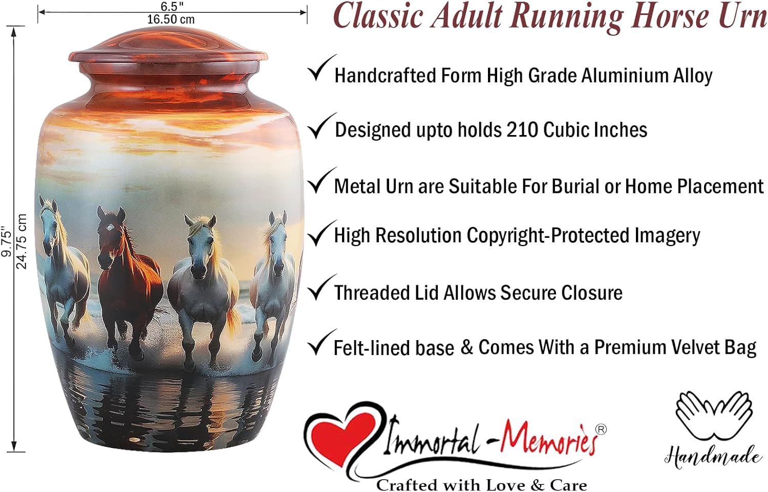 Running Horses Urn- Full Size Cremation for Man and Women Seven Horses Funeral and Memorial Urn for Human Ashes Upto 210 Lbs with Velvet Bag