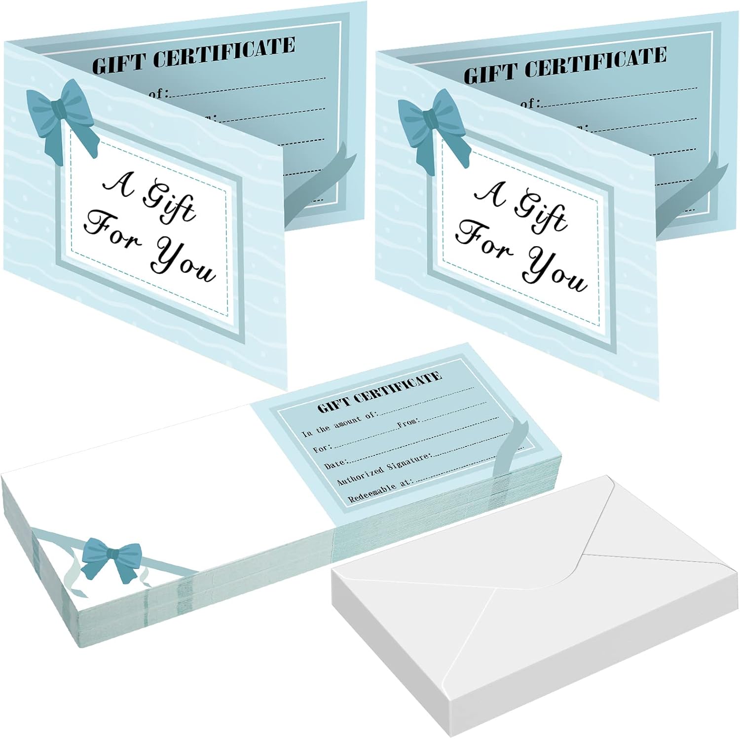 Sinmoe 50 Sets Gift Certificates for Business Kraft Blank Gift Certificate Cards with 50 Pcs Envelopes for Beauty Salon Restaurant Business Birthday Client Wedding 3.9 x 5.9 Inch(Blue,Bow)