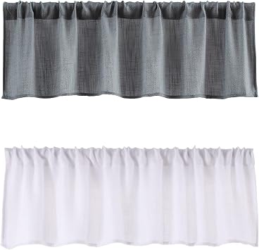Burlap Look Natural Valance for Kitchen Windows 56 x 14, White and Grey