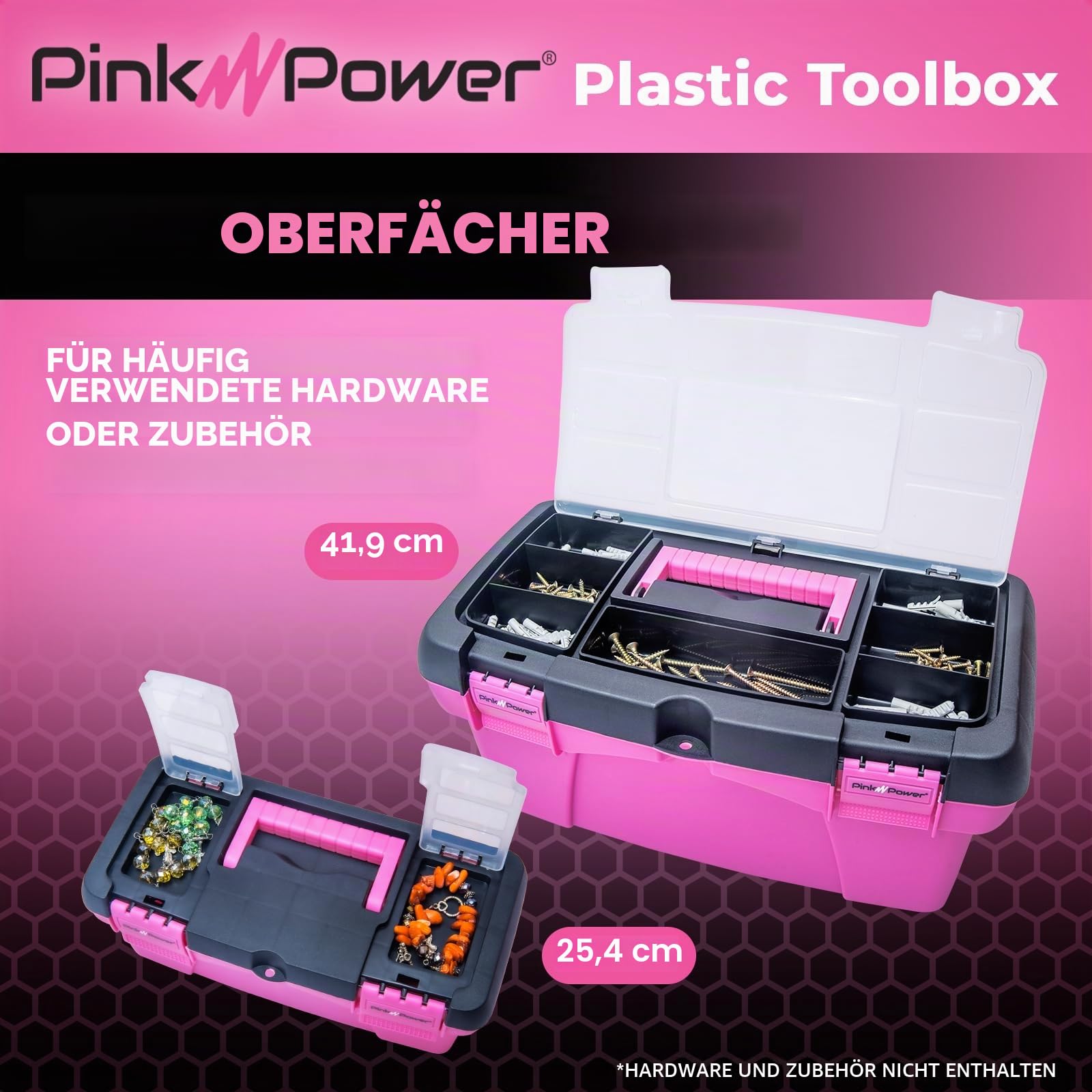 Pink Power Pinker Werkzeugkasten für Damen, Näh-, Kunst- und Handwerks-Organizer-Box, klein und groß, Kunststoff, mit Griff, Werkzeugaufbewahrung, tragbare Mini-Werkzeugkästen (2er-Pack)