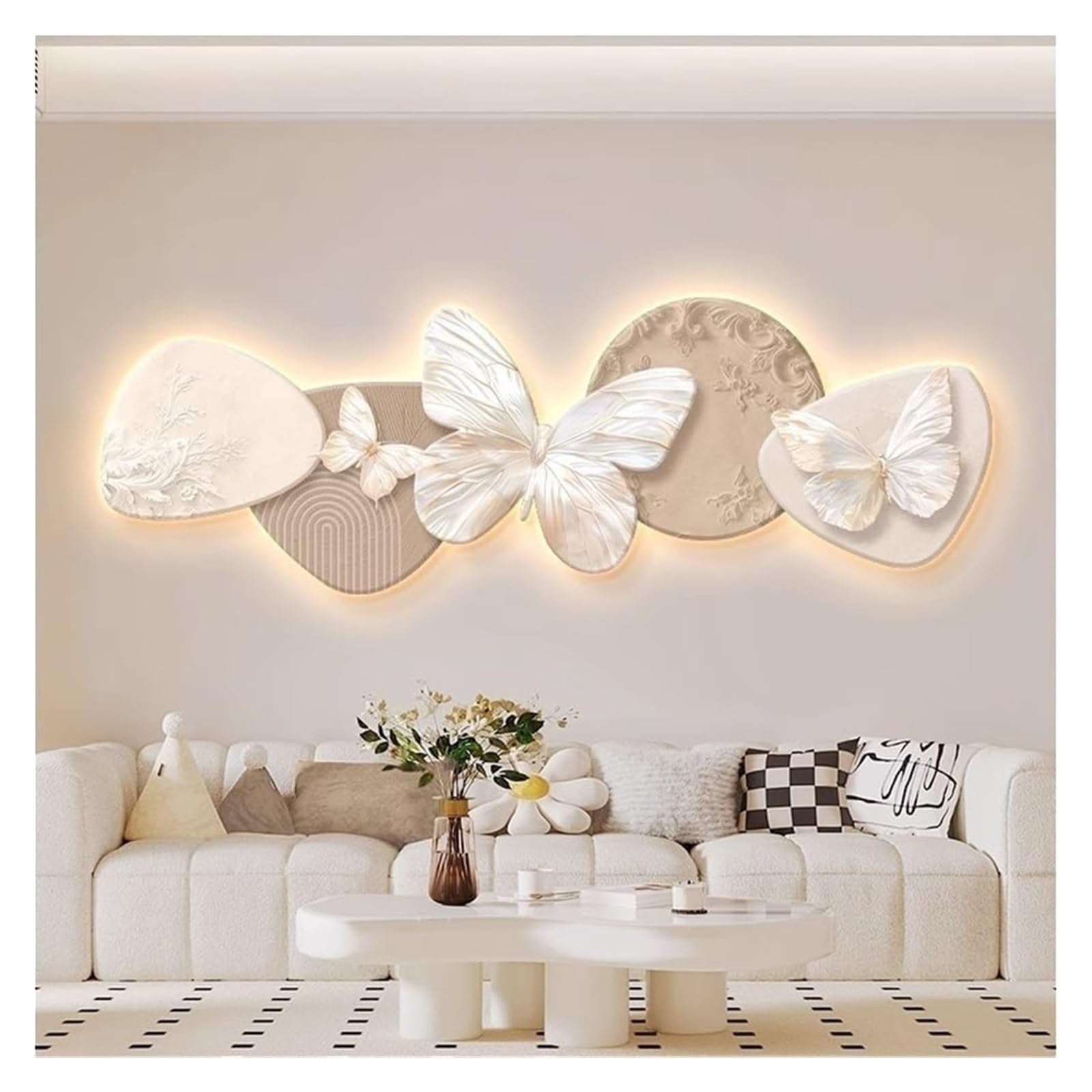 CSYQPDMBDL Decoración de arte de pared de metal 3D con luz LED - Decoración del hogar for sala de estar y dormitorio(Beige,47.2 * 15.7in)