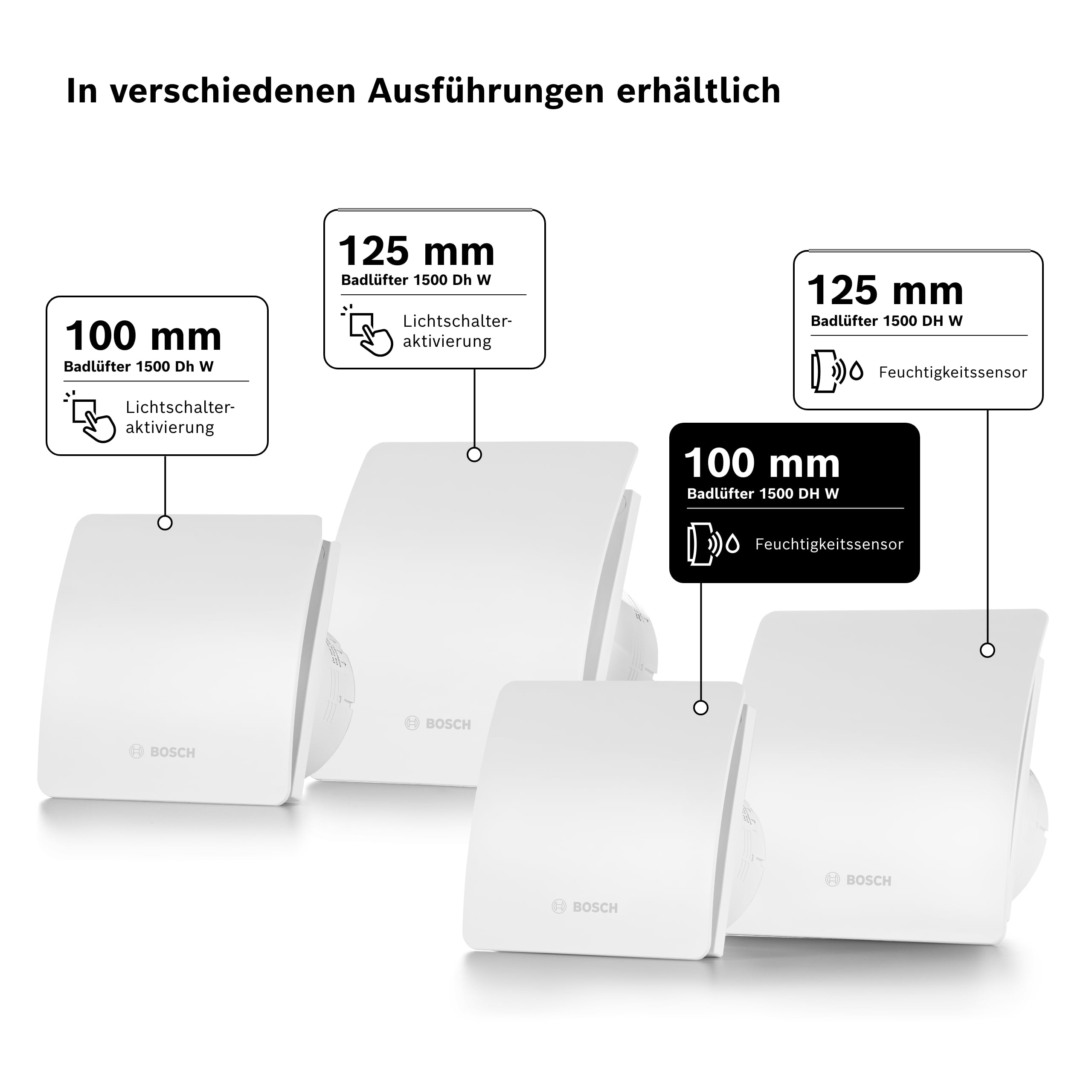 Bosch Badlüfter 1500 DH 100mm - Für Belüftung im Badezimmer und WC, Gegen Feuchtigkeit und Schimmel - Mit Hygrostat und Timer - 100 mm Durchmesser