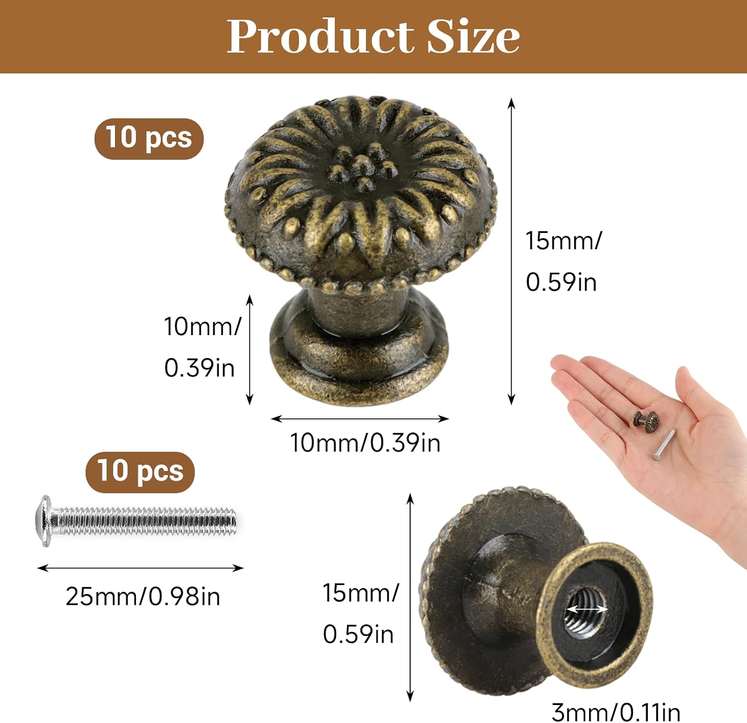 10 Pcs Mini Metal Jewelry Box Knobs, Antique Brass Cabinet Handles, Mini Round Flower Drawer Pulls, Decorative Vintage Hardware with Screws for Wooden Furniture (10 PCS)
