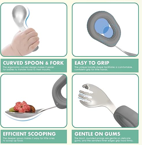 Miniatura 7 de MR. CHOU Juego de cuencos para bebé con cuchara y tenedor, cuencos aislados de acero inoxidable 18/8 de doble capa con ventosa de silicona y tapas