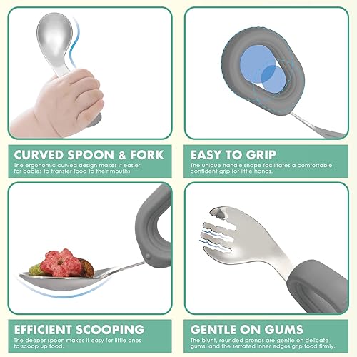 Miniatura 7 de MR. CHOU Juego de cuencos para bebé con cuchara y tenedor, cuencos aislados de acero inoxidable 188 de doble capa con ventosa de silicona y tapas