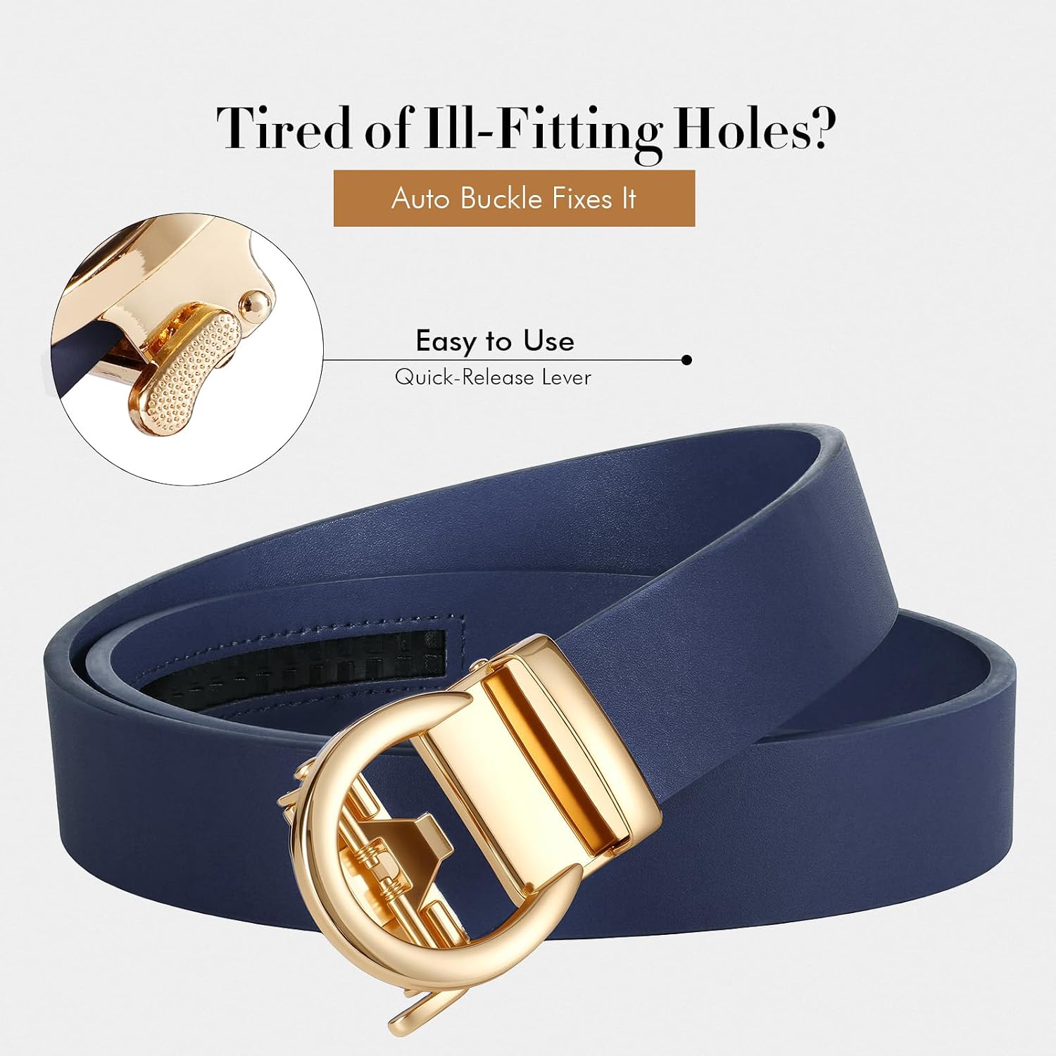 Womens Leather Ratchet Belt for Jeans Dress Pants with Adjustable Automatic Gold Sliding Buckle 1.2" Width