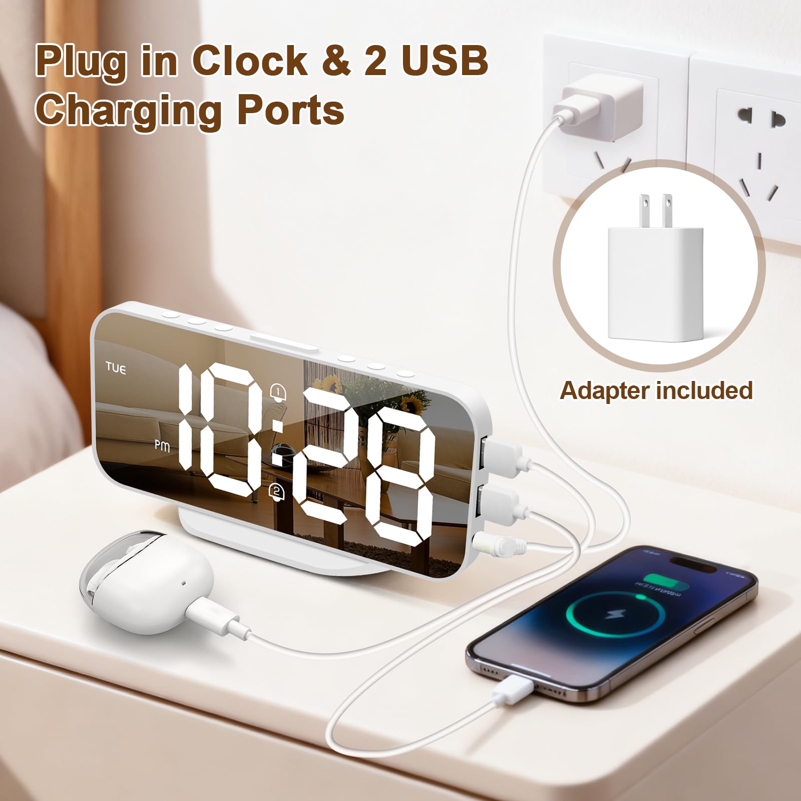 ALANAS Reloj despertador digital estético, pantalla de espejo grande con puertos de carga USB duales, alarmas duales, repetición, regulador ajustable de 4 niveles, para dormitorio, oficina, escritorio