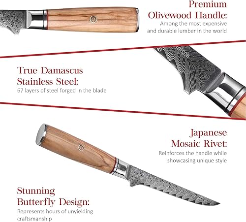 Miniatura 3 de Master Maison Cuchillo de filete de acero de Damasco de 6 pulgadas con mango de espiga completa, funda, piedra de afilar, caja de almacenamiento