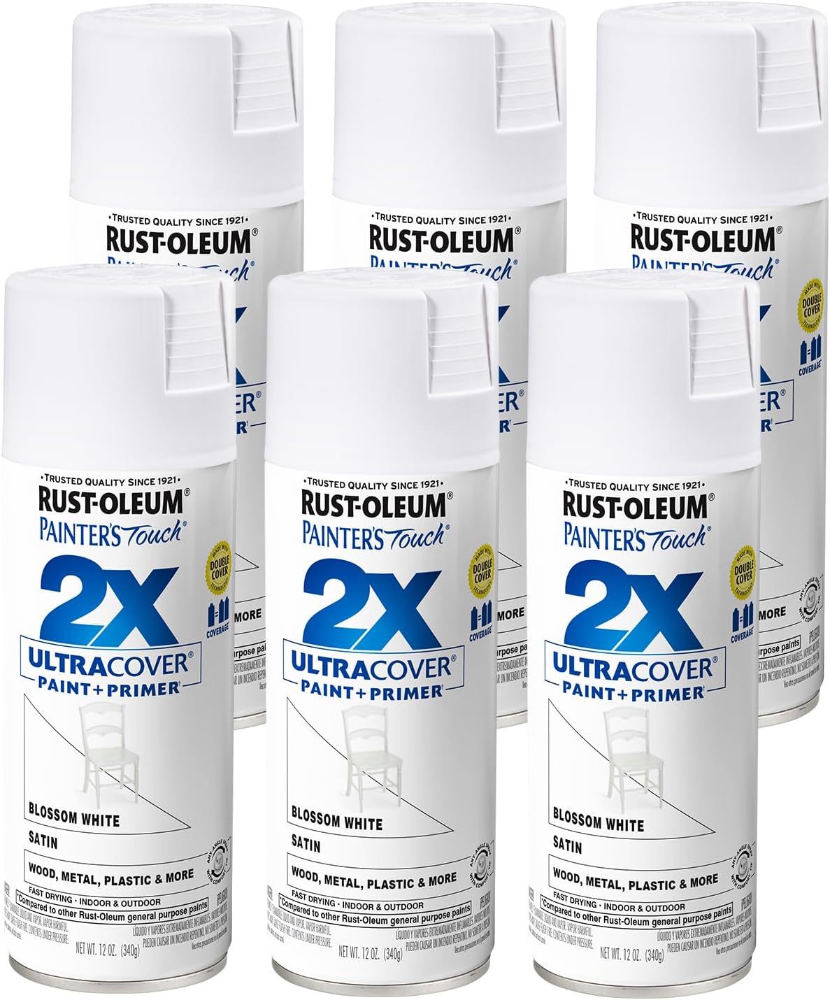 Rust-Oleum 249843-6PK Painter's Touch 2X Ultra Cover Spray Paint, 12 oz, Satin Blossom White, 6 Pack