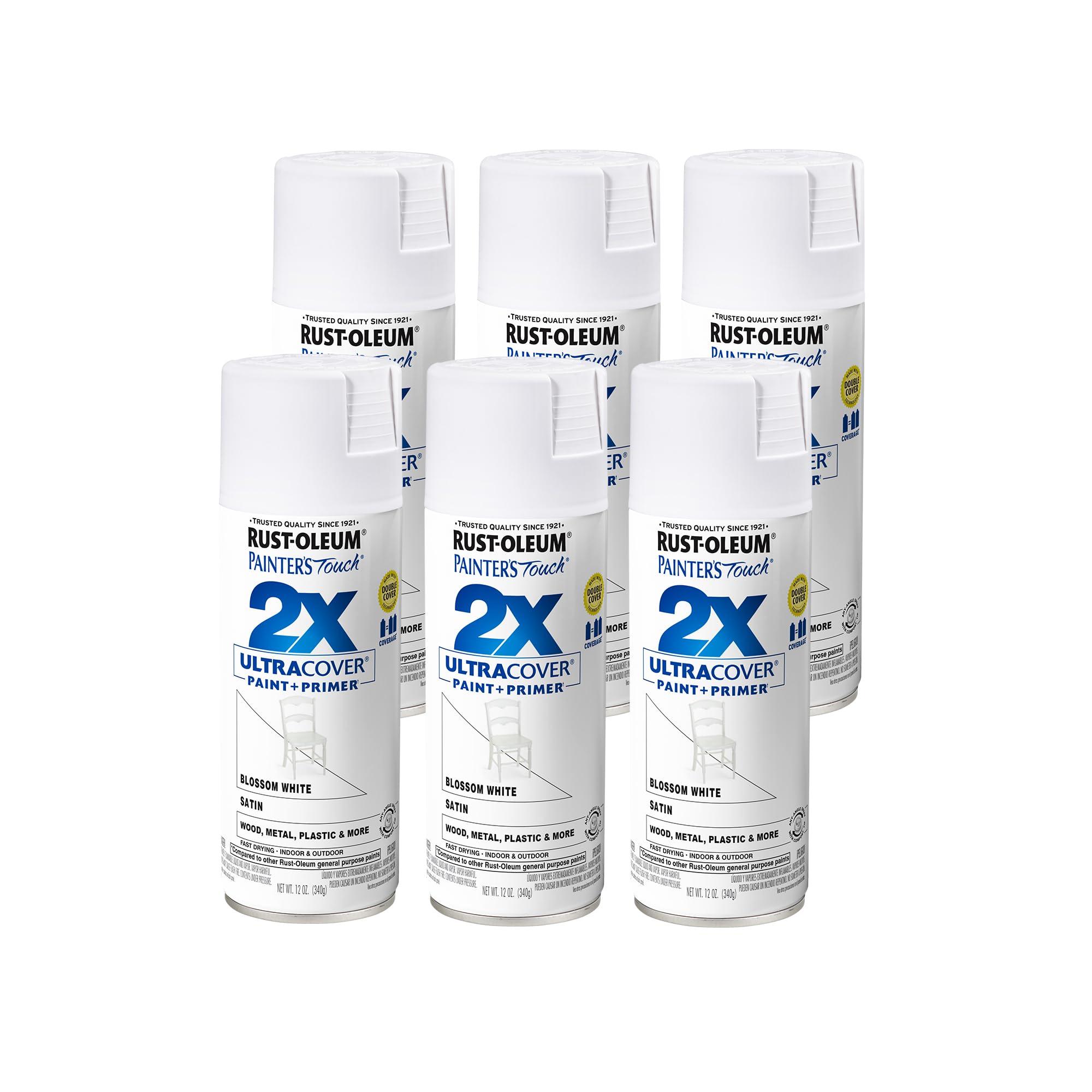 Rust-Oleum 346950-6PK Painter's Touch 2X Ultra Cover Spray Paint, 12 oz, Satin Blossom White, 6 Pack