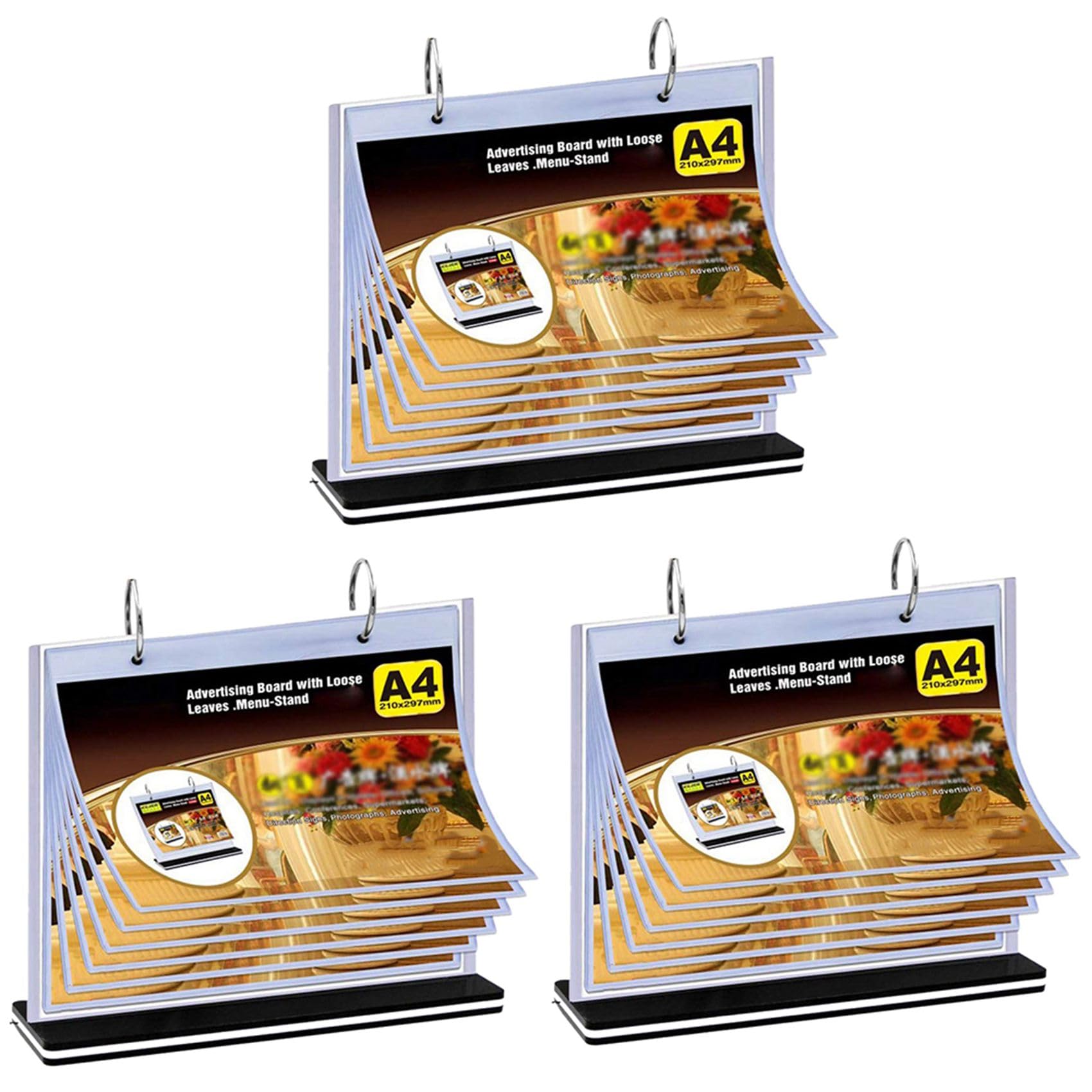 Vjsujehgy 3X A4 Flip Table Menu Stand Multi-Page Table Card Rack Menu Display Stand Holder Desk Menu Photo Album Picture Frame