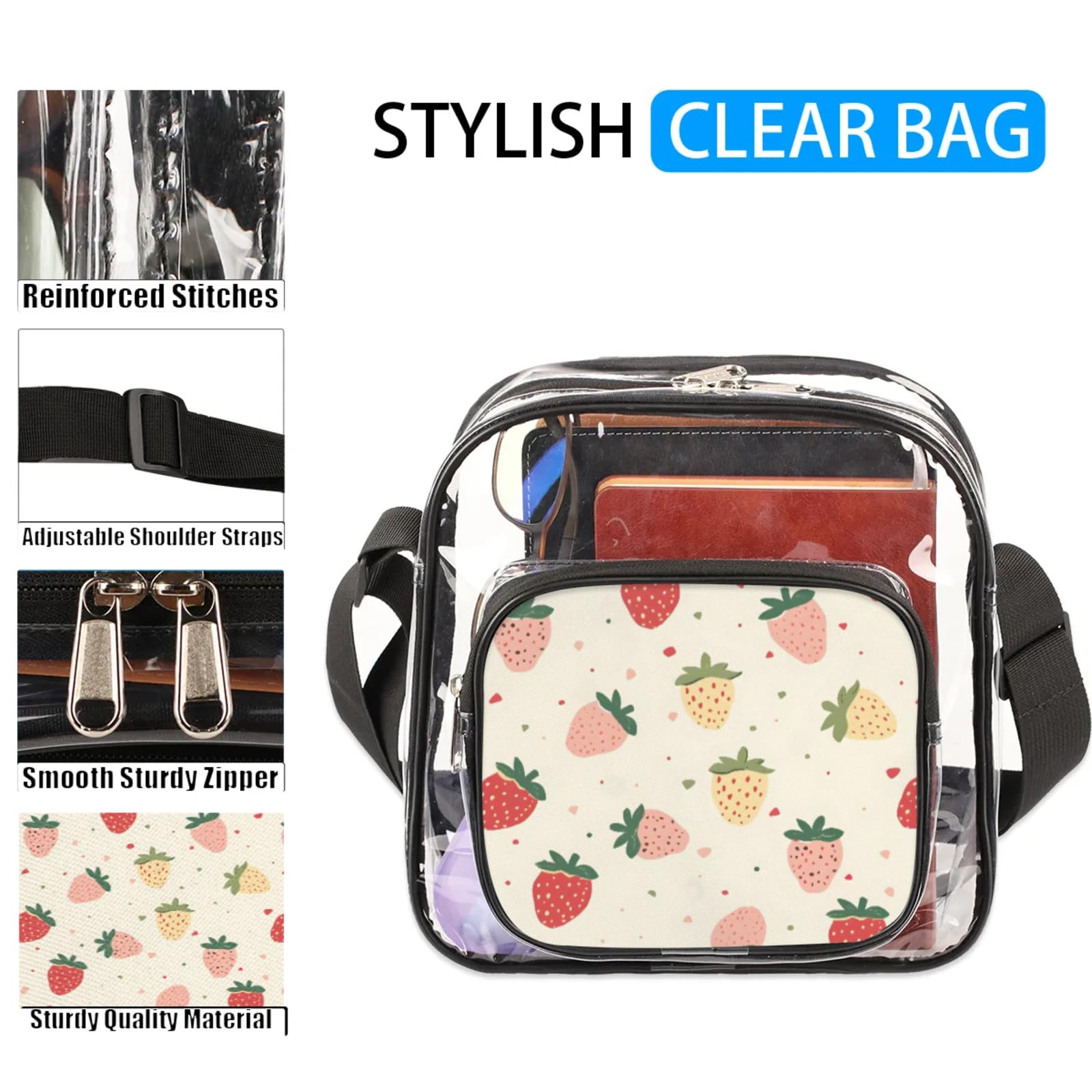 GzLeyigou Clear Crossbody Bag Stadium Approved Strawberries Transparent Bag for Festivals, Sports Events, Concerts,Beach Bag for Women Men Fruits Clear Purse with Front Pocket Messenger Bag
