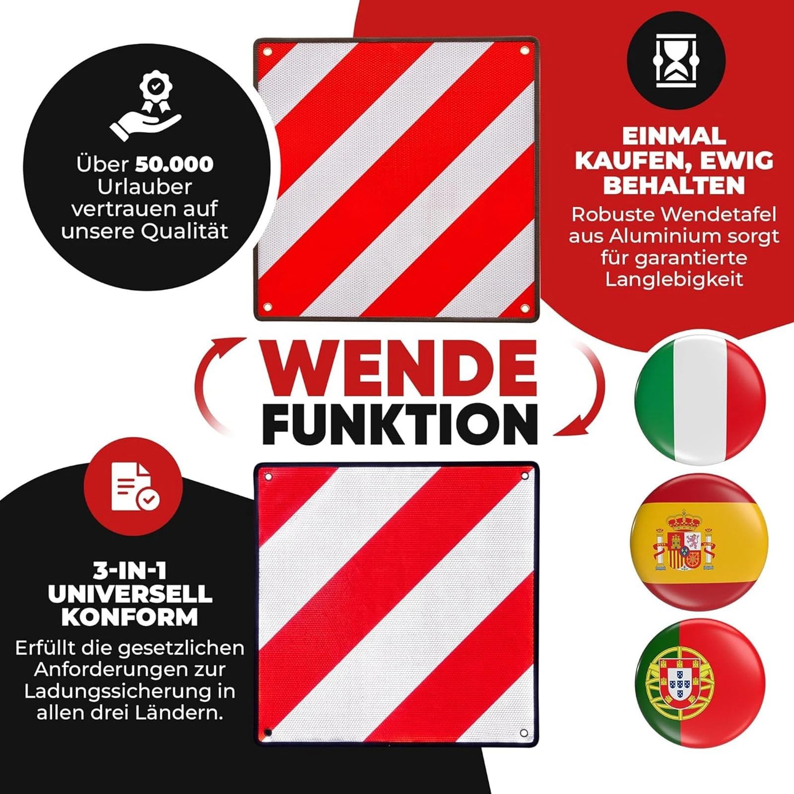 TEOV 3 in1 Warntafel für Italien UND Spanien + Portugal | 4X Spanngurte PVC, 50x50cm, Reflektierend | Für Fahrradträger/Heckträger, Wohnmobil
