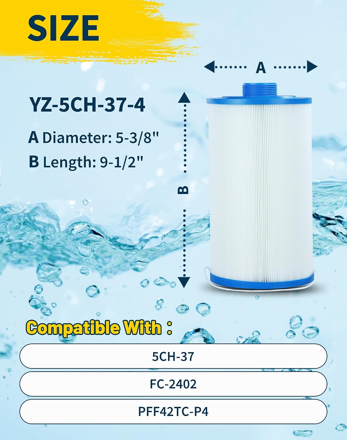 5CH-37 Spa Filter Cartridge Replaces for Watkins 303279, FC-2402, 5CH-37, PFF42TC-P4 78460, AquaTerra, Free Flow and Lifesmart, 1 1/2" MPT Thread, 4 Pack