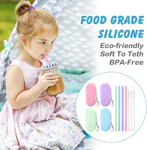 Miniatura 2 de Cobee Juego de 4 pajitas de silicona reutilizables, pajitas portátiles plegables con caja de almacenamiento colorida y llavero para viajes, cepillo