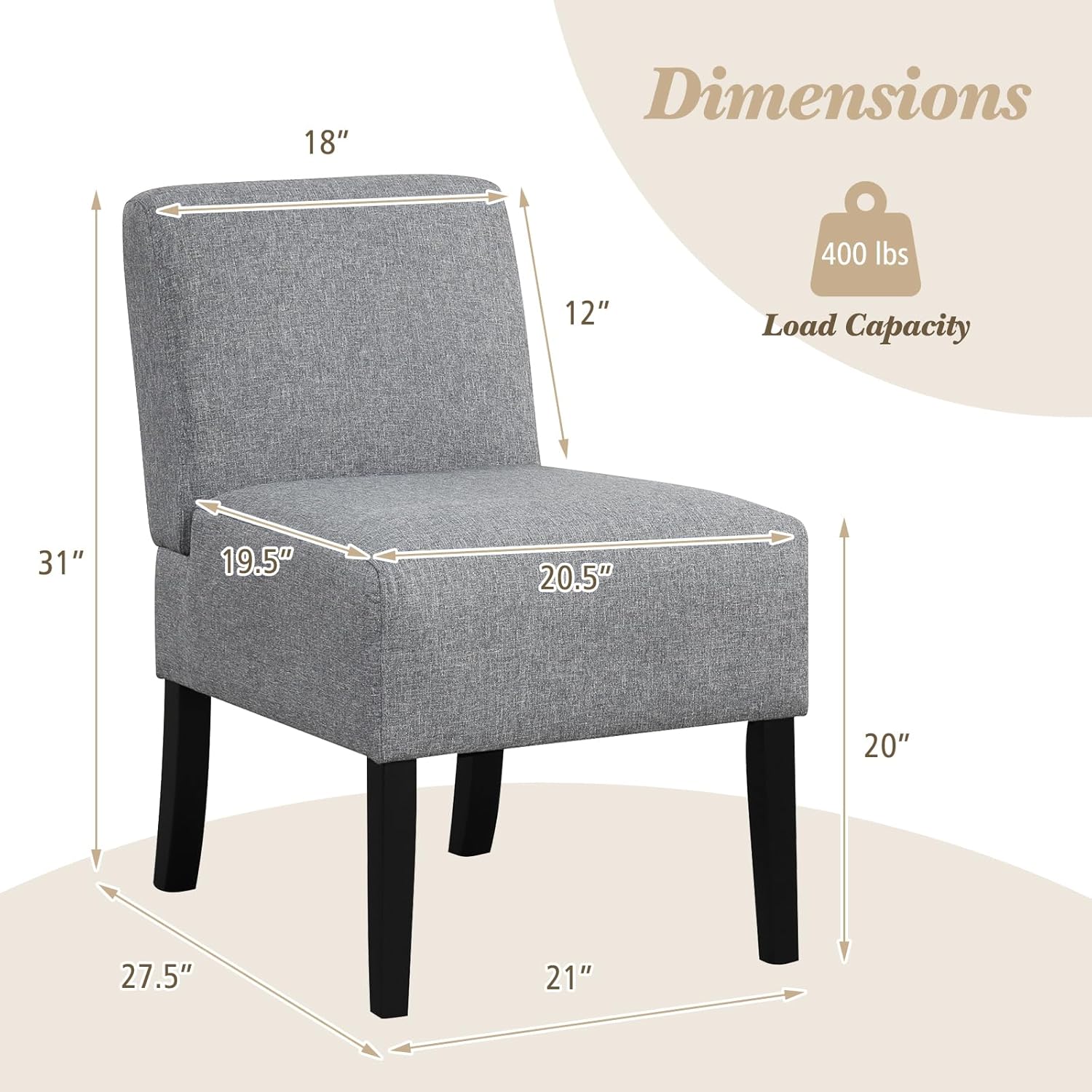 Giantex Armless Accent Chair Set of 2, Upholstered Living Room Chair with Rubber Wood Legs, Modern Slipper Side Chair, Reading Chair for Living Room, Bedroom, Waiting Room, Office, Small Spaces, Grey