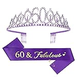 CIEHER 60th Birthday Crown and Sash - Purple 60th Decorations Women\'s 60 & Fabulous Sash