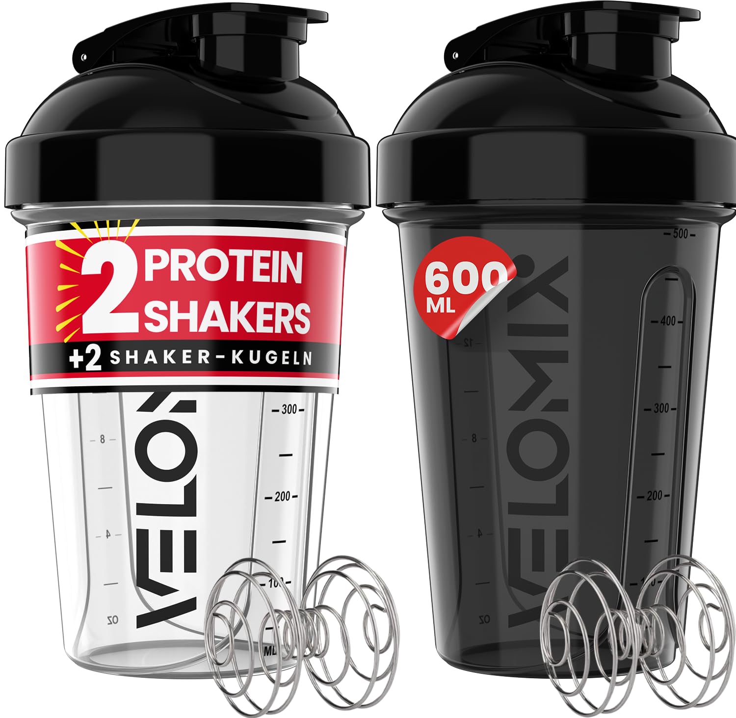 VELOMIX -2 PACK- 600ml Eiweiß Shaker - Auslaufsicher Shaker Proteinshake Mit 2x Kugel | Drehverschluss & Mess-Skala Shake Becher | Spülmaschinengeeignet & Stackable Protein Shaker (Black/Transparent)
