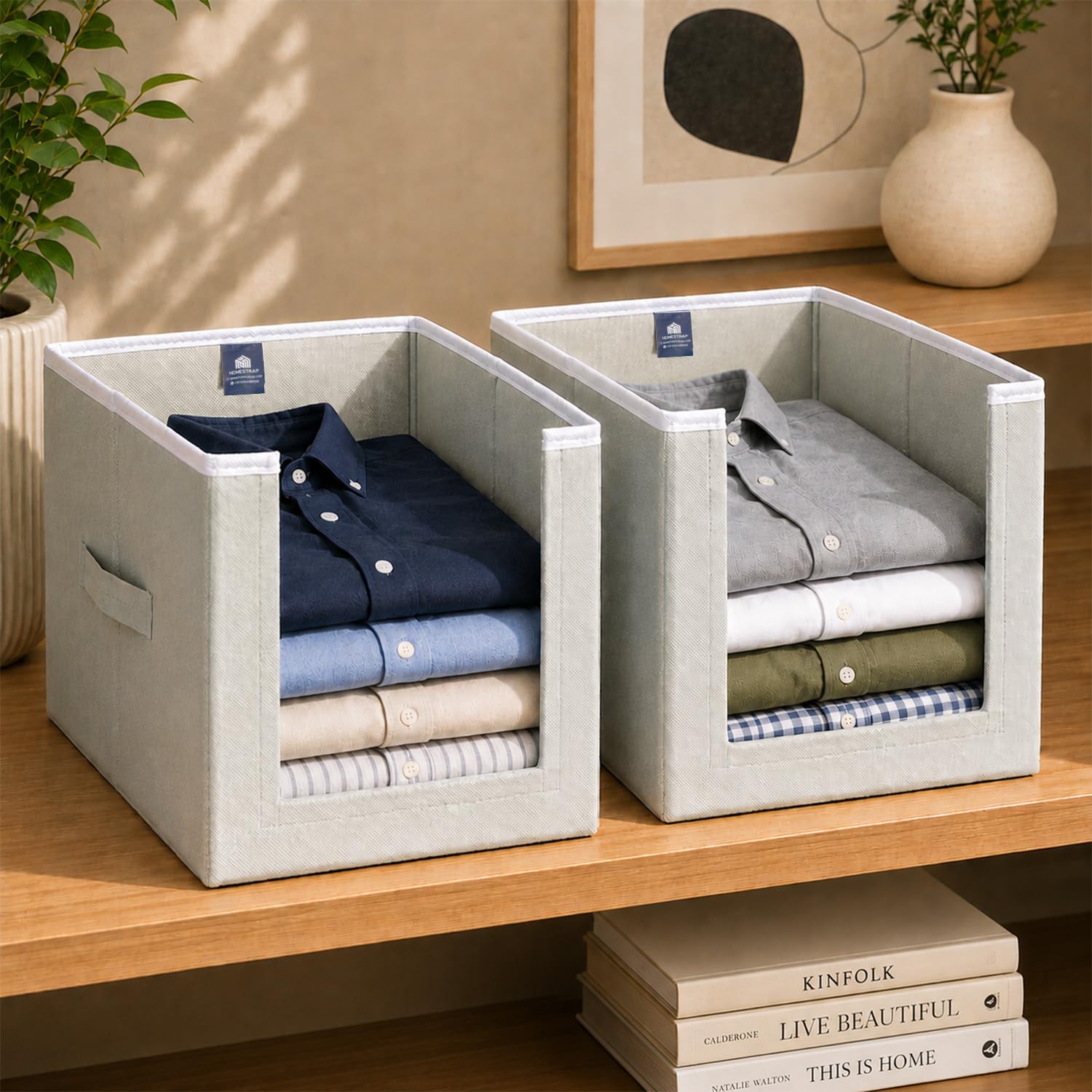HomeStrap Set Of 2 Non Woven Inside Shirt Stacker/Cloth Storage Foldable Wardrobe/Closet Organizer With Handle For T-Shirts Shirts & Clothes (Grey)(Featured On Shark Tank) (Polypropylene, Rectangular)