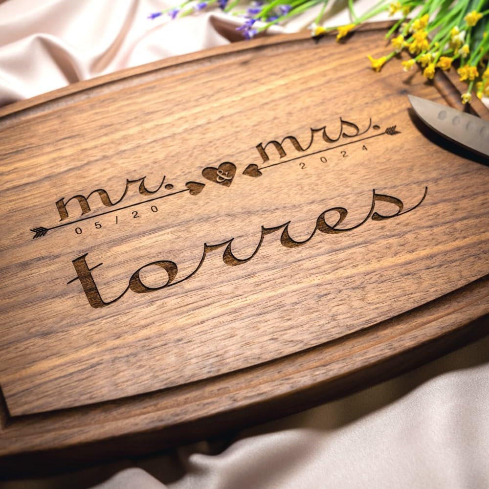 Personalized Cutting Board, Custom Wedding, Anniversary or Housewarming Gift Idea, Wood Engraved Charcuterie, for Couples and Newlyweds, Mr and Mrs Design 021 (1. Mr and Mrs No.021) Thumbnail