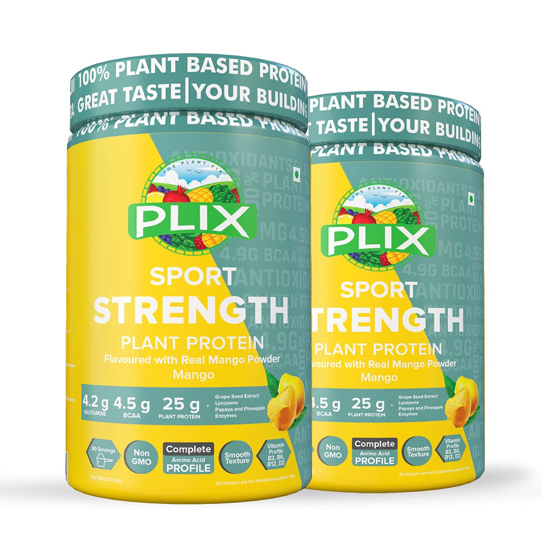 Plix The Plant Protein Fix Strength, Vegan, Post Workout, Antioxidants, Digestive Enzymes, 25 g Protein, No Added Sugar, Mango, 2 kg, 2 Count