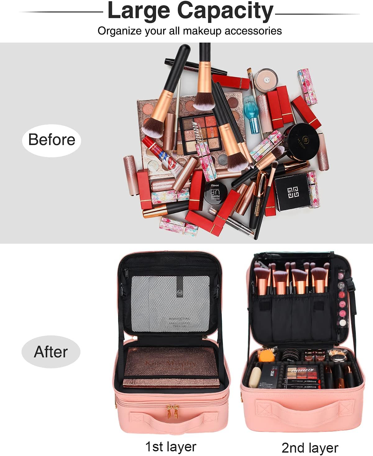 Relavel Makeup Case 2-layers Cosmetic Case Portable with Adjustable Dividers Makeup Brushes Holder Small, Pink