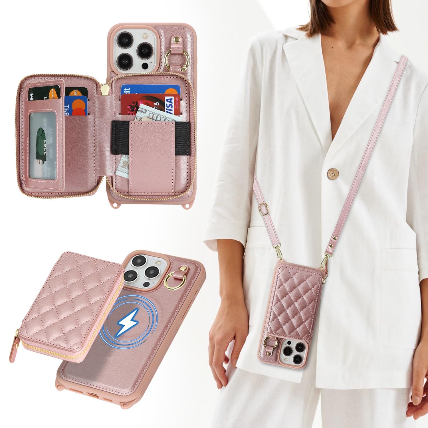 Cavor Custodia a portafoglio per iPhone 12 Pro Max con porta carte per donne e uomini, custodia per iPhone 12 Pro Max con cinturino, custodia per telefono con cordino a tracolla, magnetica staccabile