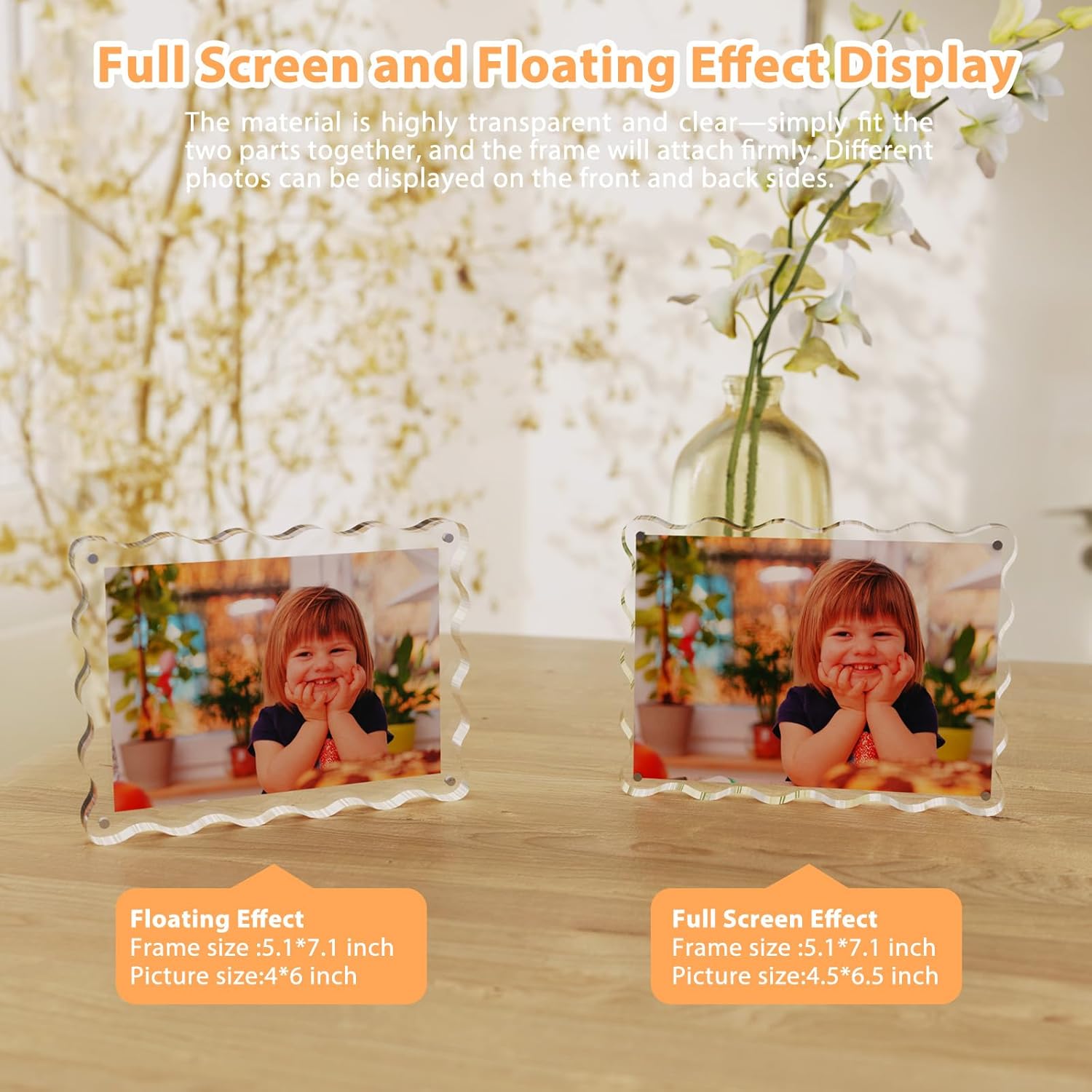 Acrylic Picture Frame, 4x6 Acrylic Magnetic Picture Frames Double Sided Clear Photo Frame 10+10mm Thick Scalloped Picture Frame Freestanding for Desktop Display, 1 Pack - Image 4